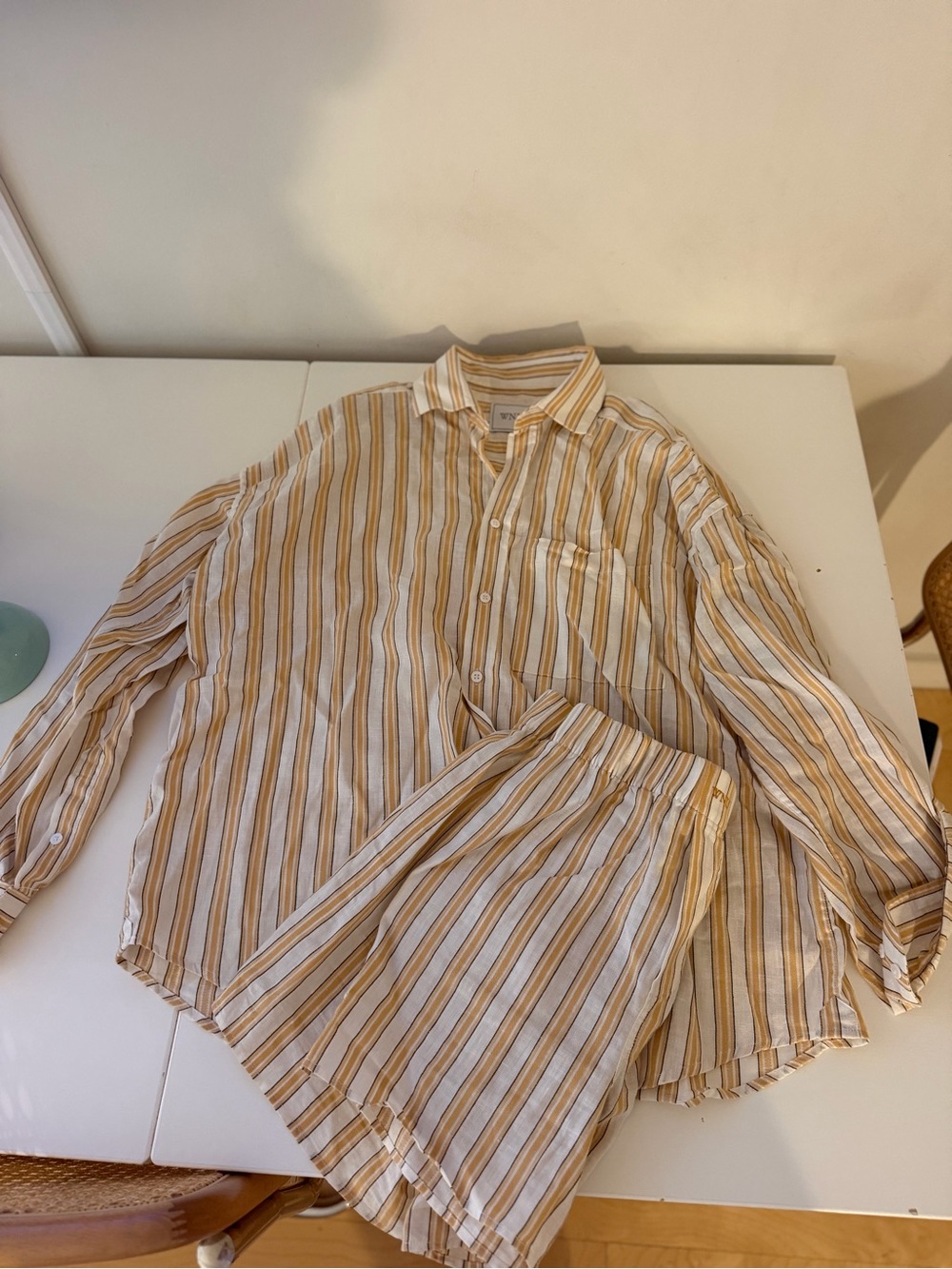 Striped Linen Button-Up Shirt and Shorts Set - Beige/White